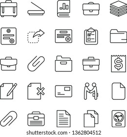 thin line vector icon set - clip vector, briefcase, clean paper, scribbled, folder, portfolio, case, pile, suitcase, pass card, notes, delete page, survey, move right, financial item, scanner, file