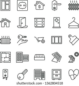 thin line vector icon set - house vector, bedside table, chest of drawers, building trolley, window, frame, laying out, power socket type f, door knob, buildings, city block, brick, putty knife, sun