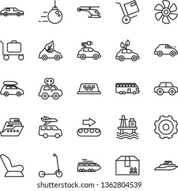 thin line vector icon set - truck lorry vector, car child seat, motor vehicle, present, Kick scooter, big core, cardboard box, shipment, sea port, marine propeller, production conveyor, eco, retro