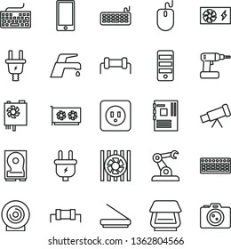 thin line vector icon set - keyboard vector, cordless drill, power socket type b, faucet mixer, smartphone, lens, plug, electric, assembly robot, radiator fan, mouse, pc supply, tower, motherboard