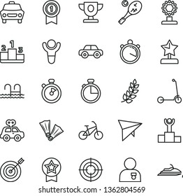 thin line vector icon set - motor vehicle vector, present, child Kick scooter, timer, car, pedestal, stopwatch, winner, laurel branch, podium, prize, cup, star reward, man with medal, target, aim