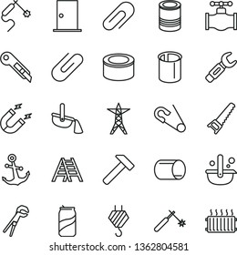 thin line vector icon set - clip vector, open pin, hook, adjustable wrench, hand saw, ladder, ntrance door, stationery knife, hammer, anchor, canned goods, tin, soda can, valve, power line, magnet