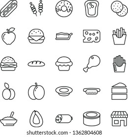 thin line vector icon set - sausage vector, stick of, piece cheese, loaf, canned goods, fried vegetables on sticks, Hot Dog, mini, big burger, cake, slice, glazed with a hole, plate milk, apple, red