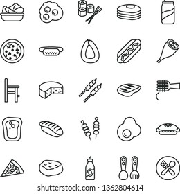 thin line vector icon set - a chair for feeding vector, plastic fork spoons, stick of sausage, cheese, fried vegetables on sticks, pizza, piece, Hot Dog, mini, noodles, pie, lettuce in plate, chop