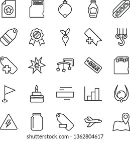 thin line vector icon set - danger of electricity vector, add bookmark, minus, label, remove, pennant, negative histogram, toys over the cot, winch hook, Hot Dog, birthday cake, bottle, medlar, jar