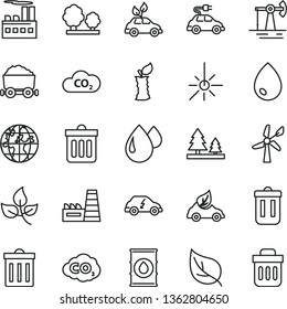 thin line vector icon set - bin vector, dust, drop, apple stub, working oil derrick, leaves, leaf, wind energy, trees, forest, industrial building, thermal power plant, eco car, electric, CO2, trash