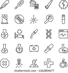 thin line vector icon set - mark of injury vector, spectacles, plus, electronic thermometer e, mercury, bag a paramedic, arm saw, estimate, temperature, cardiogram, round flask, outdoor, test tube