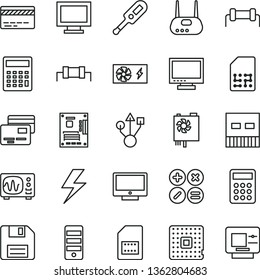 thin line vector icon set - lightning vector, floppy disk, monitor, window, bank card, calculator, electronic thermometer e, screen, cards, math actions, processor, SIM, pc power supply, tower, usb