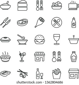 thin line vector icon set - plates and spoons vector, plastic fork, iron, coffee, big burger, piece of cake, pie, a bowl rice porridge, in saucepan, lettuce plate, grill chicken leg, bacon, chop