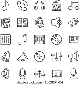 thin line vector icon set - horn vector, loudspeaker, silent mode, drumroll, drum, bell, microphone, music, CD, regulator, no sound, phone call, megaphone, pc card, headphones, speaker, note