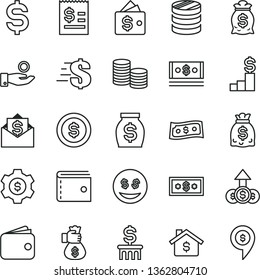 thin line vector icon set - purse vector, dollar, coins, column of, denomination the, article on, catch a coin, wallet, money, dollars, cash, bag hand, mortgage, pedestal, gear, eyes, growth, mail
