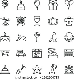 thin line vector icon set - daily calendar vector, colored air balloons, balloon, birthday cake, torte, Chupa Chups, lollipop, glass, pumpkin, wall, gift, champagne, car baggage, passenger, beach