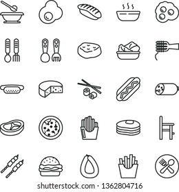thin line vector icon set - plates and spoons vector, a chair for feeding, plastic fork, iron, sausage, stick of, cheese, pizza, Hot Dog, mini, burger, noodles, porridge, lettuce in plate, bacon