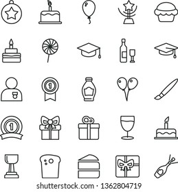 thin line vector icon set - tassel vector, colored air balloons, balloon, cake, gift, square academic hat, Easter, piece of, birthday, lollipop, glass, bottle, giftbox, gold cup, star, graduate
