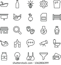 thin line vector icon set - incandescent lamp vector, magnifier, baby cot, children's bathroom, box of bricks, shoes for little children, cogwheel, toilet, speech, Easter cake, chicken, chili, beet