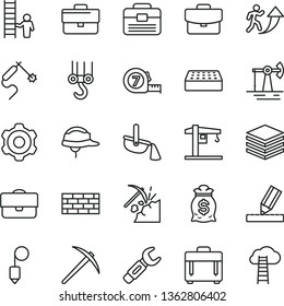 thin line vector icon set - briefcase vector, crane, brickwork, winch hook, cogwheel, long meashuring tape, portfolio, drawing, helmet, brick, plummet, case, pile, suitcase, working oil derrick