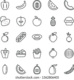 thin line vector icon set - Hot Dog vector, cake, lettuce in a plate, of milk, peper, beet, French fries, pineapple, orange slice, red apple, tasty, medlar, blueberry, water melon, loquat, half