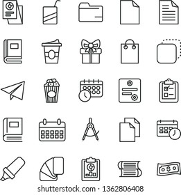 thin line vector icon set - paper airplane vector, clean sheet of, scribbled, folder, e, books, sample colour, survey, copy, cup popcorn, coffe to go, scribed compasses, statistical overview, bag