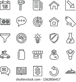 thin line vector icon set - counterclockwise vector, remove label, negative chart, house, dwelling, calendar, speech, book, kiosk, electric car, calipers, jar, filter, financial item, newspaper