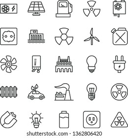 thin line vector icon set - bulb vector, power socket type b, f, new radiator, electronic boiler, marine propeller, charge level, solar panel, gas station, windmill, factory, hydroelectric, plug