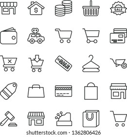 thin line vector icon set - paper bag vector, grocery basket, bank card, hammer of a judge, motor vehicle present, building trolley, put in cart, crossed, with handles, cards, kiosk, coins, hanger