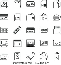 thin line vector icon set - bank card vector, purse, clean paper, baby bib, picture, cards, label, processor, SIM, reverse side of a, front the, wallet, memory, pc, gpu, sd, atm, credit, access
