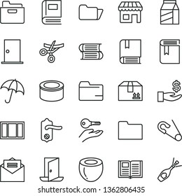 thin line vector icon set - folder vector, book, open pin, e, books, window frame, door knob, ntrance, received letter, umbrella, cardboard box, package, canned goods, half of coconut, kiosk, exit