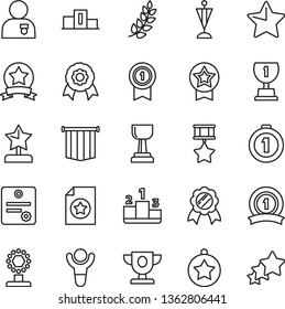 thin line vector icon set - star vector, pedestal, medal, patente, winner, laurel branch, prize, award, cup, gold, reward, man with, pennant, first place, ribbon, hero, certificate, flag