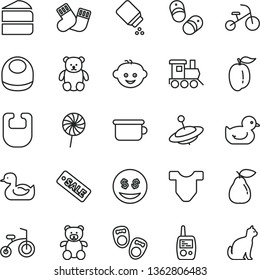thin line vector icon set - baby powder vector, bib, Child T shirt, rubber duck, duckling, warm socks, toy mobile phone, children's potty, teddy bear, small, hairdo, train, yule, bicycle, tricycle