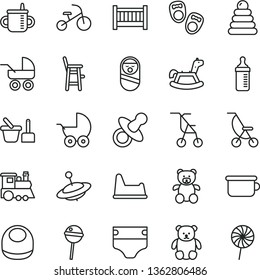 thin line vector icon set - baby cot vector, dummy, mug for feeding, measuring bottle, diaper, bib, stroller, carriage, summer, sitting, stacking rings, roly poly doll, toy sand set, chair, a child