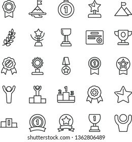thin line vector icon set - star vector, pedestal, medal, laurel branch, winner podium, prize, award, cup, gold, reward, man hands up, motivation, mountain flag, first place, with pennant, ribbon