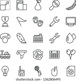 thin line vector icon set - matte light bulb vector, wind direction indicator, beanbag, toy phone, colored air balloons, shoes for little children, knife, expand picture, pear, squash, peas, drop