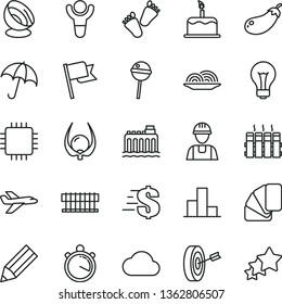 thin line vector icon set - matte light bulb vector, dollar, bar chart, children's tracks, builder, sample of colour, radiator, umbrella, flag, cake, onion, Chupa Chups, physalis, eggplant, pencil