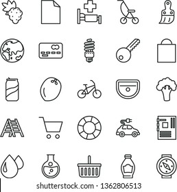 thin line vector icon set - paper bag vector, grocery basket, clean sheet of, summer stroller, plastic brush, ladder, sink, key, soda can, bottle, grape, coconut, broccoli, round flask, planet, drop