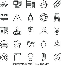 thin line vector icon set - warning vector, download archive data, warm socks, stepladder, bulb, buildings, temperature, car, Hot Dog, porridge in a saucepan, lollipop, jam, passion fruit, computer