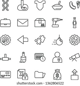 thin line vector icon set - envelope vector, left direction, Child T shirt, Puzzle, big core, cordless drill, wooden paint brush, gear, star, cardboard box, a bowl of buckwheat porridge, bottle soda