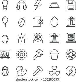 thin line vector icon set - truck lorry vector, lightning, floppy disk, beanbag, balloon, abacus, bucket, paving slab, hammer, delete page, tasty mulberry, passion fruit, lime, ripe pineapple, fan