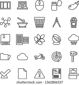 thin line vector icon set - warning vector, laptop, wicker pot, clean sheet of paper, cloud, plates and spoons, e, window frame, city block, cup popcorn, eggplant, calipers, mouse, motherboard