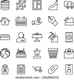thin line vector icon set - sign of the planet vector, wicker pot, building trolley, window, brick, received letter, clip, coal mining, oil, industrial factory, column coins, catch a coin, calendar