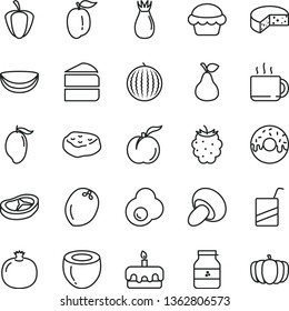 thin line vector icon set - vector e, cheese, porcini, cake, piece of, torte, glazed with a hole, bacon, meat, cup tea, fried egg, jar jam, pear, ripe peach, pomegranate, rose hip, blackberry, mango