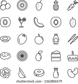 thin line vector icon set - piece of cake vector, torte, with a hole, plate milk, barbecue, meat, garlic, cocktail, pineapple, bottle, half apricot, squash, plum, rose hip, blueberries, mulberry