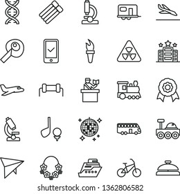 thin line vector icon set - microscope vector, nuclear, dna, artifical insimination, medal, lunar rover, resistor, flame torch, plane, train, camper, bus, hang glider, bike, passort control, arrival