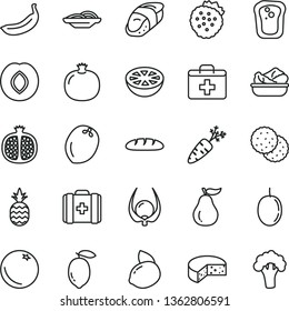 thin line vector icon set - first aid kit vector, medical bag, cheese, loaf, slices of onion, lettuce in a plate, sushi, strawberries, pineapple, biscuit, orange, sandwich, pomegranate, half, plum