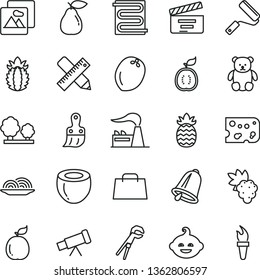 thin line vector icon set - movie cracker vector, small teddy bear, funny hairdo, adjustable wrench, new roller, plastic brush, writing accessories, heating coil, bell, picture, piece of cheese