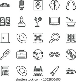thin line vector icon set - monitor vector, spectacles, electronic thermometer e, plates and spoons, hand saw, portfolio, ntrance door, phone call, cocktail, industrial factory, mercury light bulb
