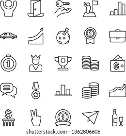 thin line vector icon set - coins vector, portfolio, bar chart, prize, growth graph, arrow, man with flag, on moon, first place medal, pennant, ribbon, star, arm key, exit door, dialog, hands up
