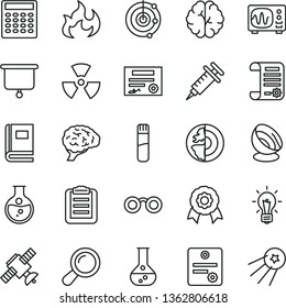 thin line vector icon set - round flask vector, research article, test tube, glasses, nuclear, zoom, bulb, brain, satellite, book, oscilloscope, flame, clipboard, calculator, radar, earth core