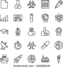 thin line vector icon set - printer vector, file, flask, test tube, atom, biohazard, pipette, globe, flame, scientist, graduate hat, calculator, artifical insimination, growth graph, radar, medal