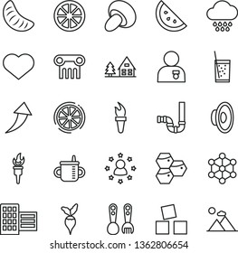 thin line vector icon set - heart symbol vector, loudspeaker, mug for feeding, cloud, plastic fork spoons, cubes children, siphon, city block, porcini, a glass of soda, orange slice, honeycombs