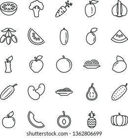 thin line vector icon set - onion vector, slices of, cucumber, a pineapple, apricot, red apple, slice melon, water, goji berry, date fruit, tangerine, ripe plum, half cherry, yellow lemon, sour lime